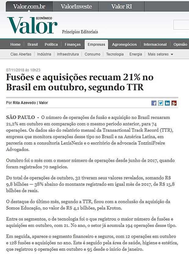 Fuses e aquisies recuam 21% no Brasil em outubro, segundo TTR